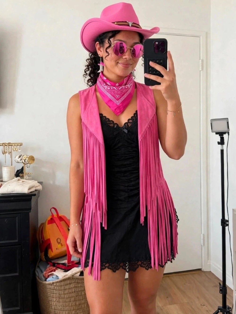 Women Pink Fringe Cowgirl Costume Dress with Hat